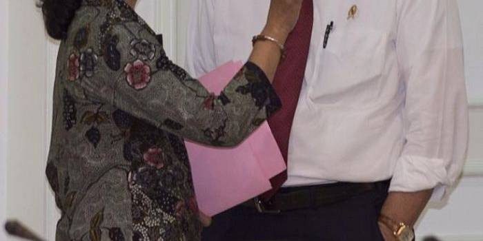 Foto inilah yang kini heboh di media sosial.  Tampak Rini Soemarno seperti sedang membetulkan dasi Luhut Panjaitan (ANTARA/Widodo S Jusuf)/kompas.com