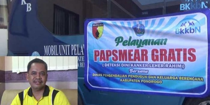 Mobil pelayanan papsmear dari Dinas PP dan KB Ponorogo. Inset, Kepala Dinas PP dan KB Ponorogo Hardjono.