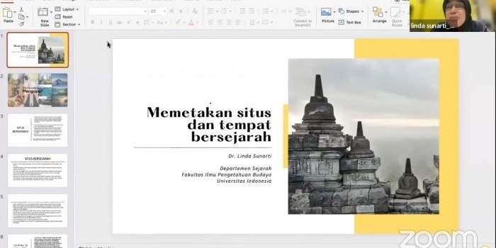 Linda Sunarti mepaparkan materi pentingnya pemetaan situs-situs atau tempat-tempat bersejarah dalam Webinar (dok Ist)