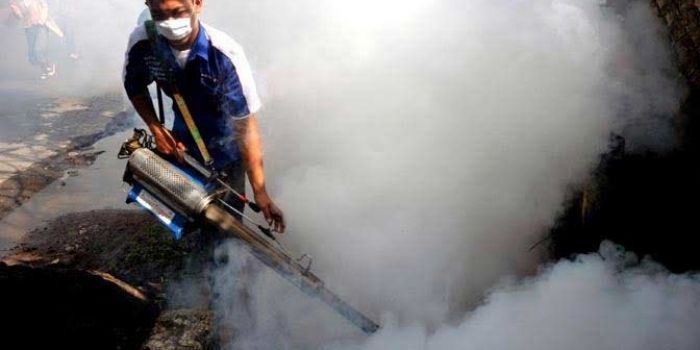 Petugas saat melakukan fogging di rumah warga.