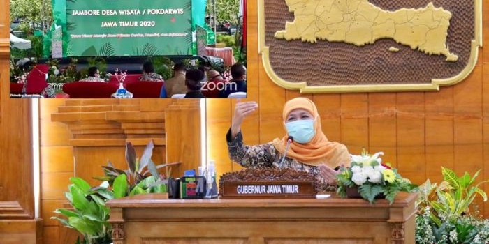 Gubernur Jawa Timur Khofifah Indar Parawansa saat menutup Jambore Desa Wisata dan Pokdarwis Tahun 2020 secara virtual dari Gedung Negara Grahadi Surabaya, Sabtu (5/12). foto: ist/ bangsaonline.com 