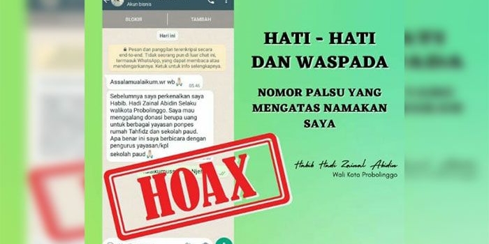 Tangkapan layar pesan berantai yang mengatasnamakan Wali Kota Probolinggo, Habib Hadi Zainal Abidin.