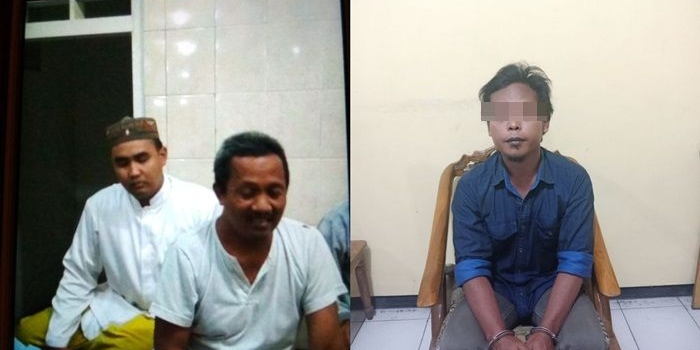 Foto Kiri: Korban seorang ustadz saat ditemani kerabatnya (tanpa peci). Foto Kanan: Pelaku pembacokan dengan kampak.