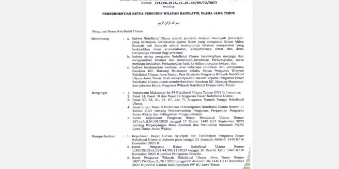 Inilah surat pemecatan KH Marzuki Mustamar. Foto: Ist.
