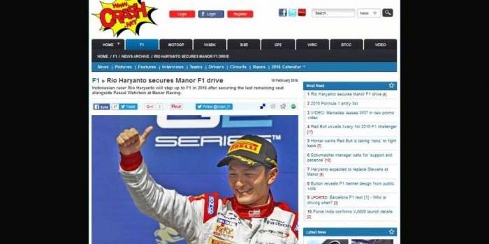 Tampilan Rio Haryanto di sejumlah kanal berita di luar negeri. 