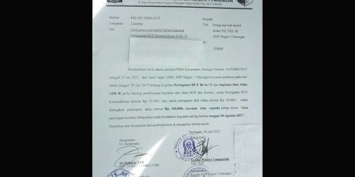 Inilah surat edaran penarikan iuran untuk kegiatan Agustusan dan Idul Adha yang membuat wali murid keberatan. foto: AHMAD/ BANGSAONLINE