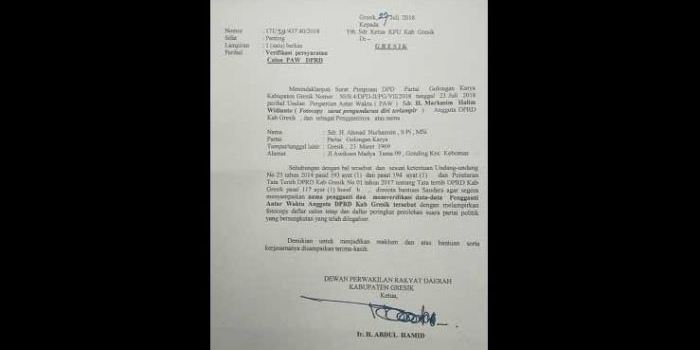 Surat PAW Markasim yang dikirim DPRD ke KPU Gresik. foto: SYUHUD/ BANGSAONLINE