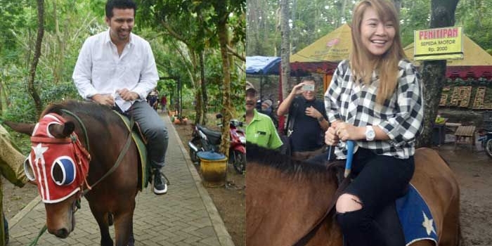 Bupati Trenggalek Emil Dardak dan Wali Kota Catbalogan, Hon Stephany Uy Tan, saat mengelilingi Hutan Kota sambil berkuda. foto: HERMAN/ BANGSAONLINE