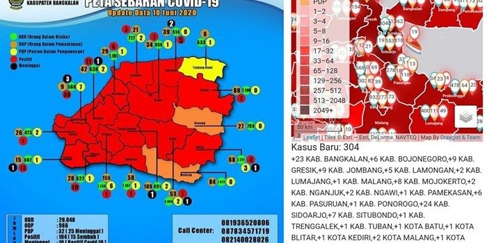 Peta sebaran Covid-19 yang dirilis Pemkab Bangkalan melalui covid19.bangkalankab.go.id (kiri) dan peta sebaran Covid-19 Pemprov Jatim di http://infocovid19.jatimprov.go.id. 