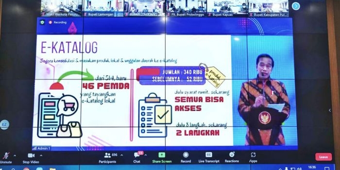 Presiden Joko Widodo memimpin Rapat Evaluasi Aksi Afirmasi Bangga Buatan Indonesia secara virtual dengan kepala daerah seluruh Indonesia.