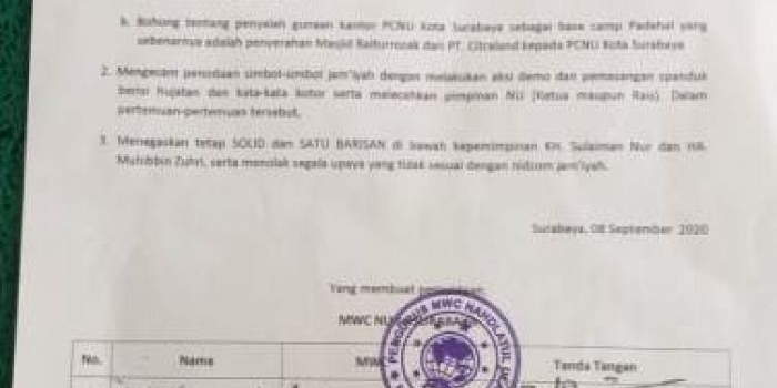 Surat pernyataan sikap 22 MWC NU Surabaya. foto: ist/ bangsaonline.com