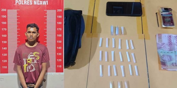 Tersangka saat diamankan di Mapolres Ngawi. Foto kanan, barang bukti berupa paket sabu siap edar.