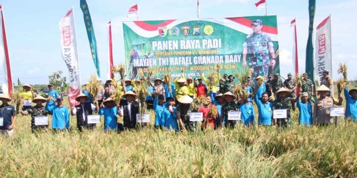 Pangdam V/Brawijaya, Mayjen TNI Rafael Granada Baay, saat panen raya padi di Ngawi.