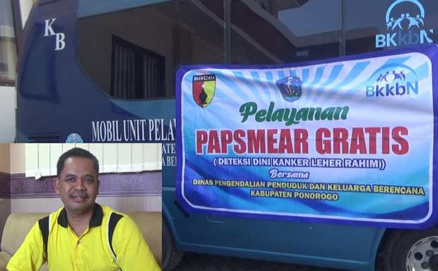 Mobil pelayanan papsmear dari Dinas PP dan KB Ponorogo. Inset, Kepala Dinas PP dan KB Ponorogo Hardjono.