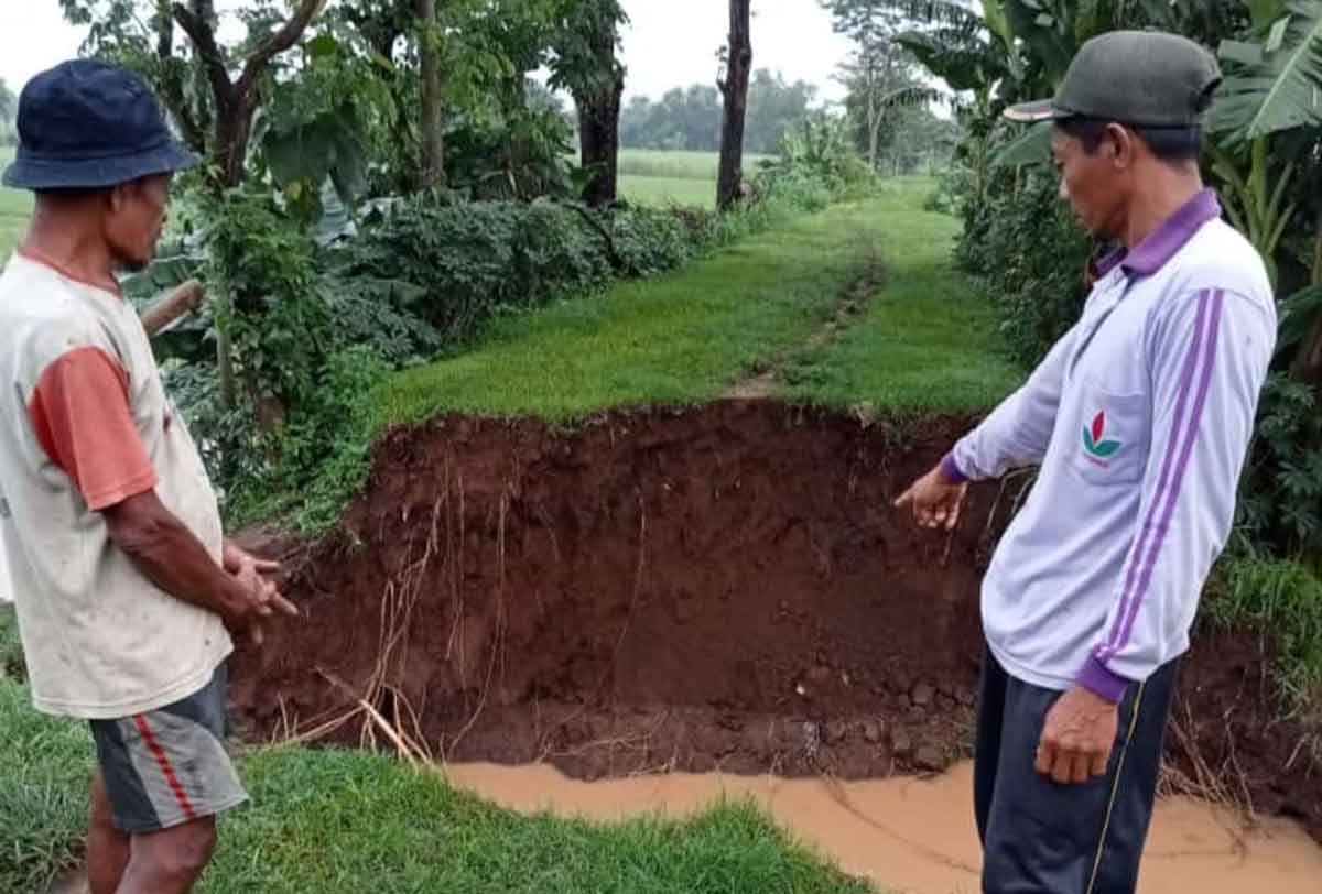 Tim Siaga Bencana Desa Jati saat mengecek tanggul Sungai Kolokoso yang jebol. Foto: Ist