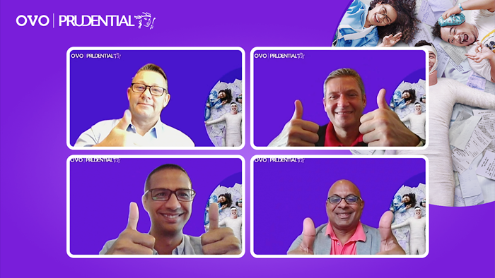Searah jarum jam dari kiri atas: CEO OVO Jason Thompson, Chief Commercial Officer Financial Services OVO Rajiv Chandna, President Director Prudential Indonesia Jens Reisch dan Chief Digital & Transformation Officer Prudential Indonesia Premraj Thuraisingam.