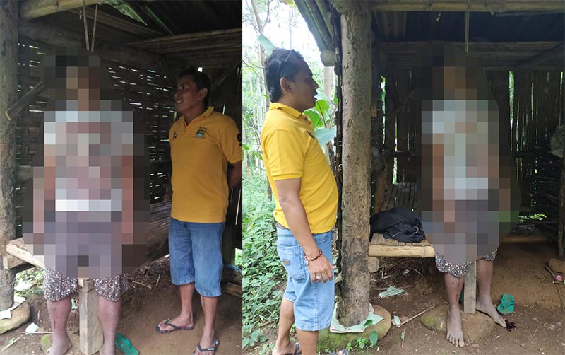 Kondisi korban saat ditemukan menggantung di kayu bangunan gubuk.