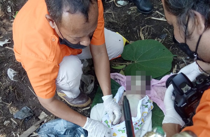 Petugas sedang proses evakuasi si jabang bayi. foto: ist.