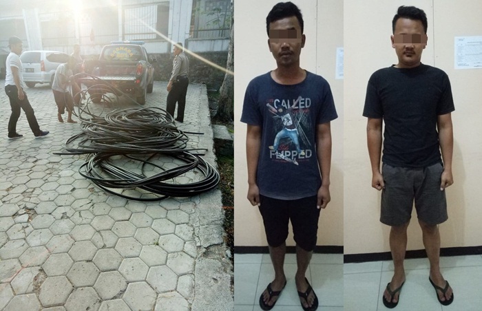 Kedua pelaku yang menyerahkan diri berikut barang bukti kabel telepon sepanjang 200 meter.