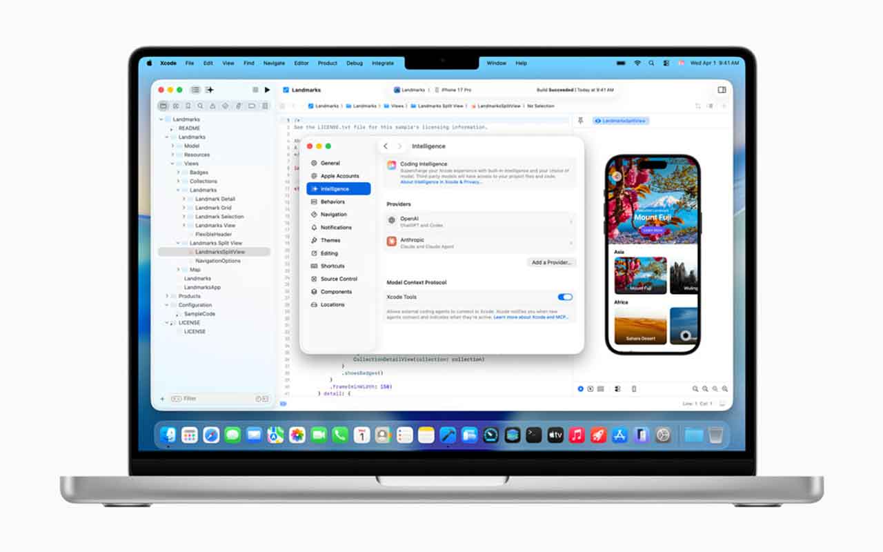 Xcode 26.3 membuka kode pemrograman agentik, memungkinkan para pengembang memanfaatkan agent seperti Claude Agent dari Anthropic dan Codex dari OpenAI, langsung di Xcode. Foto: Apple.