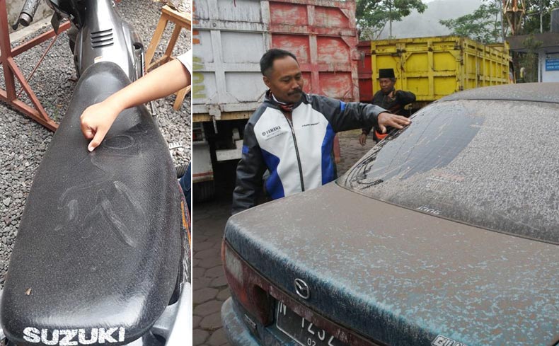 Warga di Kabupaten Probolinggo menunjukkan paparan abu vulkanik yang menempel di kendaraan. (foto: ist)