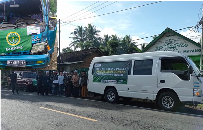 Rombongan MWC NU Kecamatan Mayang sebelum keberangkatan. Inset: kondisi minibus usai tabrakan.