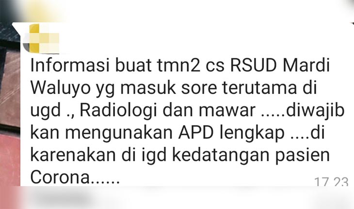 Pesan yang beredar di WhatsApp menyebutkan RSUD Mardi Waluyo Kota Blitar menerima pasien suspect corona.