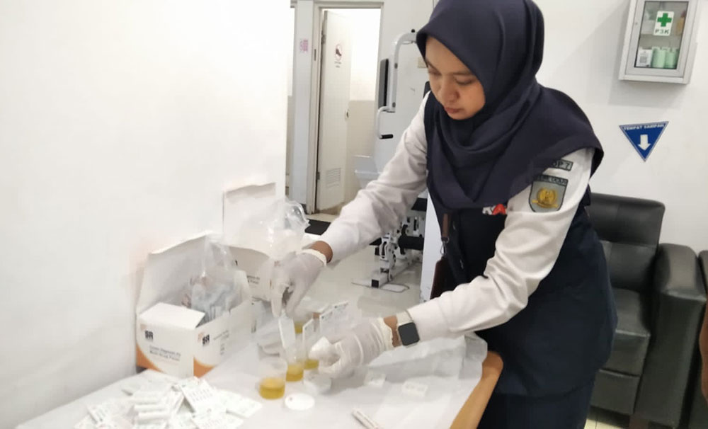 Petugas BNNK saat memeriksa satu per satu sampel urine.