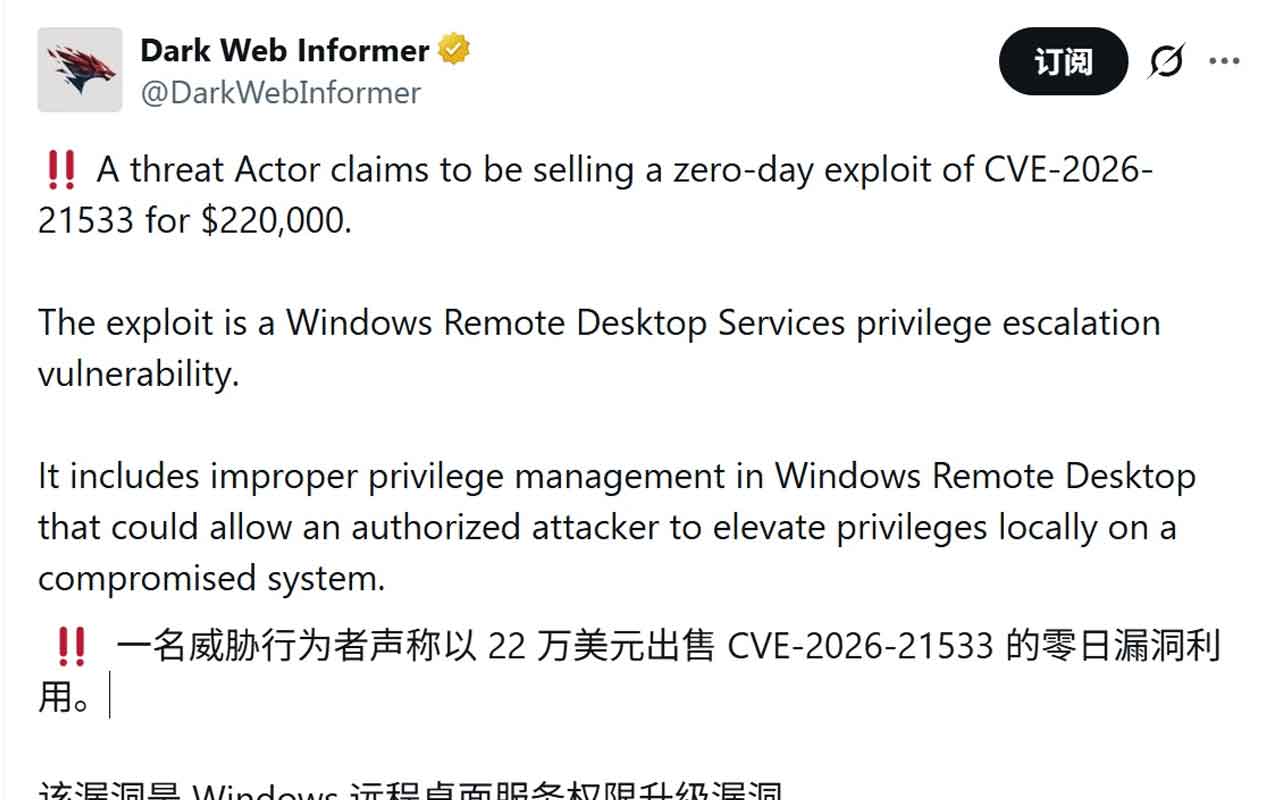 Informasi penjualan celah Micorsoft Windows oleh Hacker. Foto: X