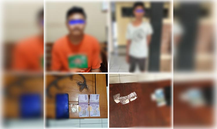 Dua pemuda tersangka pengedar pil double L diamankan di Mapolsek Somoroto.