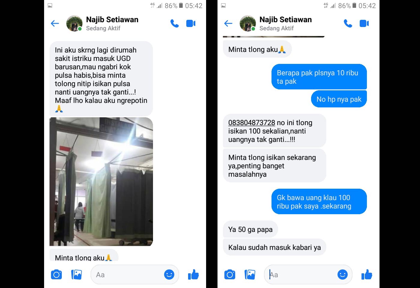 Tangkapan layar percakapan melalui messenger Facebook Najib Setiawan yang diretas oleh seseorang.
