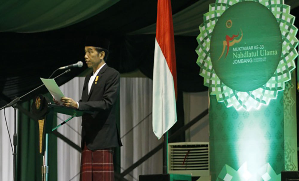 Presiden RI Joko Widodo saat membuka Muktamar ke-33 Nahdlatul Ulama (NU), di Jombang, Jawa Timur, 1 Agustus 2015. Pembukaan Muktamar NU ini dihadiri pula oleh sejumlah Menteri Kabinet Kerja. Foto: TEMPO/Subekti