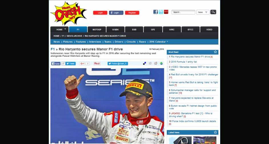 Tampilan Rio Haryanto di sejumlah kanal berita di luar negeri. 