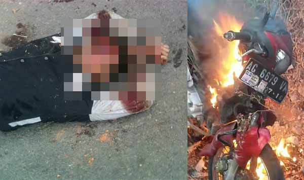 Pelaku, Eli Prasetyo yang babak belur usai dimassa dan motor pelaku yang juga dibakar massa. foto: soewandito/BANGSAONLINE