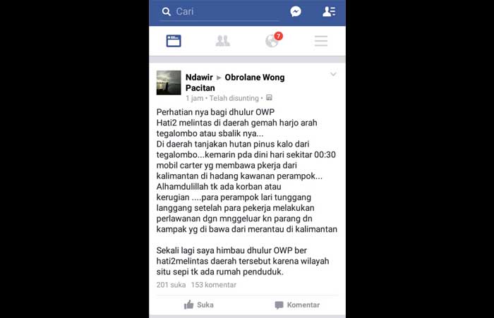 Postingan akun milik Ndawir yang menginformasikan adanya begal di jalur Pacitan-Ponorogo. 