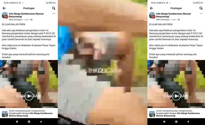Postingan video di Facebook serta tangkapan layar potongan video seorang pria tampak tangan kirinya sedang memegang alat vitalnya.