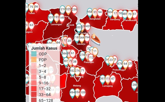 Peta sebaran Covid-19 di Jawa Timur termasuk Kabupaten Bangkalan. 