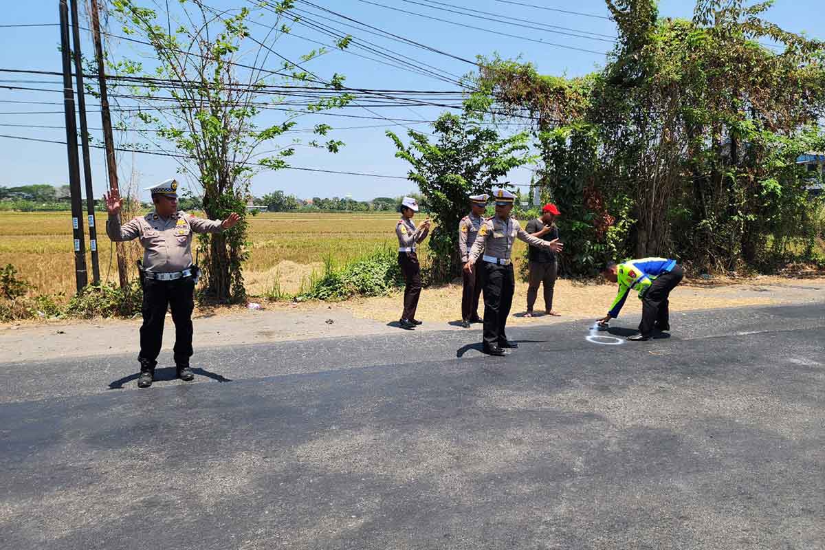Pihak kepolisian saat melakukan olah TKP korban kecelakaan di Jalan Raya Lingkar Timur, Desa Siwalanpanji, Kecamatan Buduran.