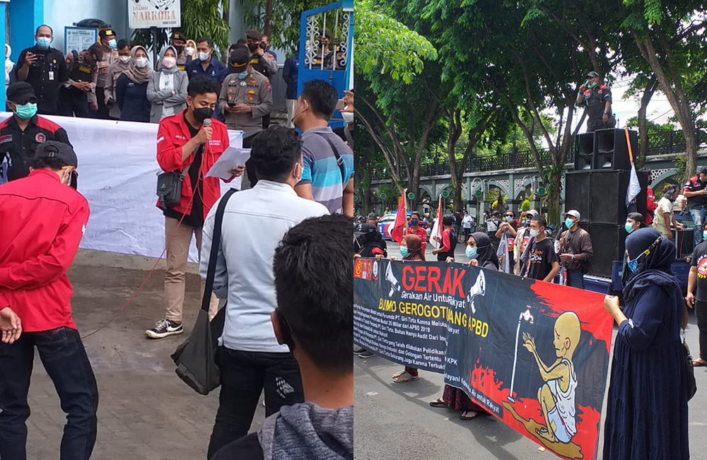 Maasa aksi ketika demo di DPRD Gresik dan Perumda Giri Tirta. Foto: SYUHUD/ BANGSAONLINE
