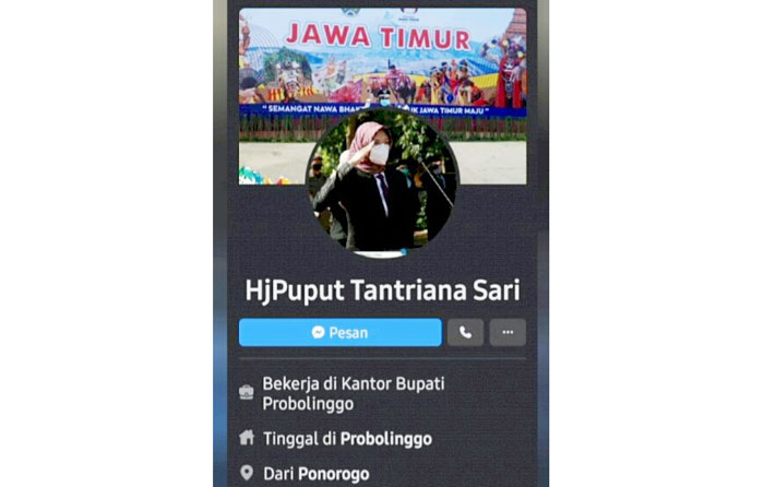 Akun facebook palsu yang mengatasnamakan Bupati Probolinggo, Hj. Puput Tantriana Sari.
