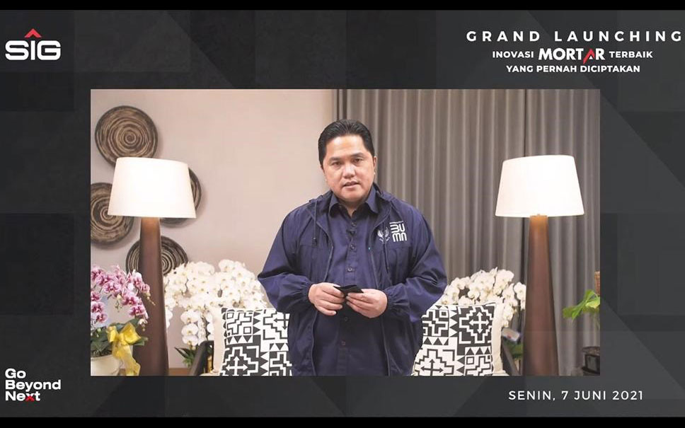 Menteri BUMN RI, Erick Thohir saat acara launching produk "Mortar Indonesia" yang diselenggarakan secara virtual. foto: ist.