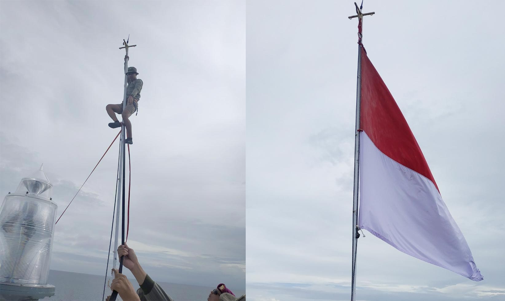 Personel Satgasmar Ambalat-25 dan personel Posal Sei Pancang Lanal Nunukan ikut membantu proses pengibaran kembali bendera merah putih tersebut.
