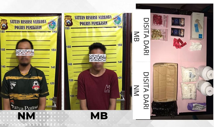 Tersangka pengedar pil koplo dan barang bukti yang diamankan Satresnarkoba Polres Pamekasan.