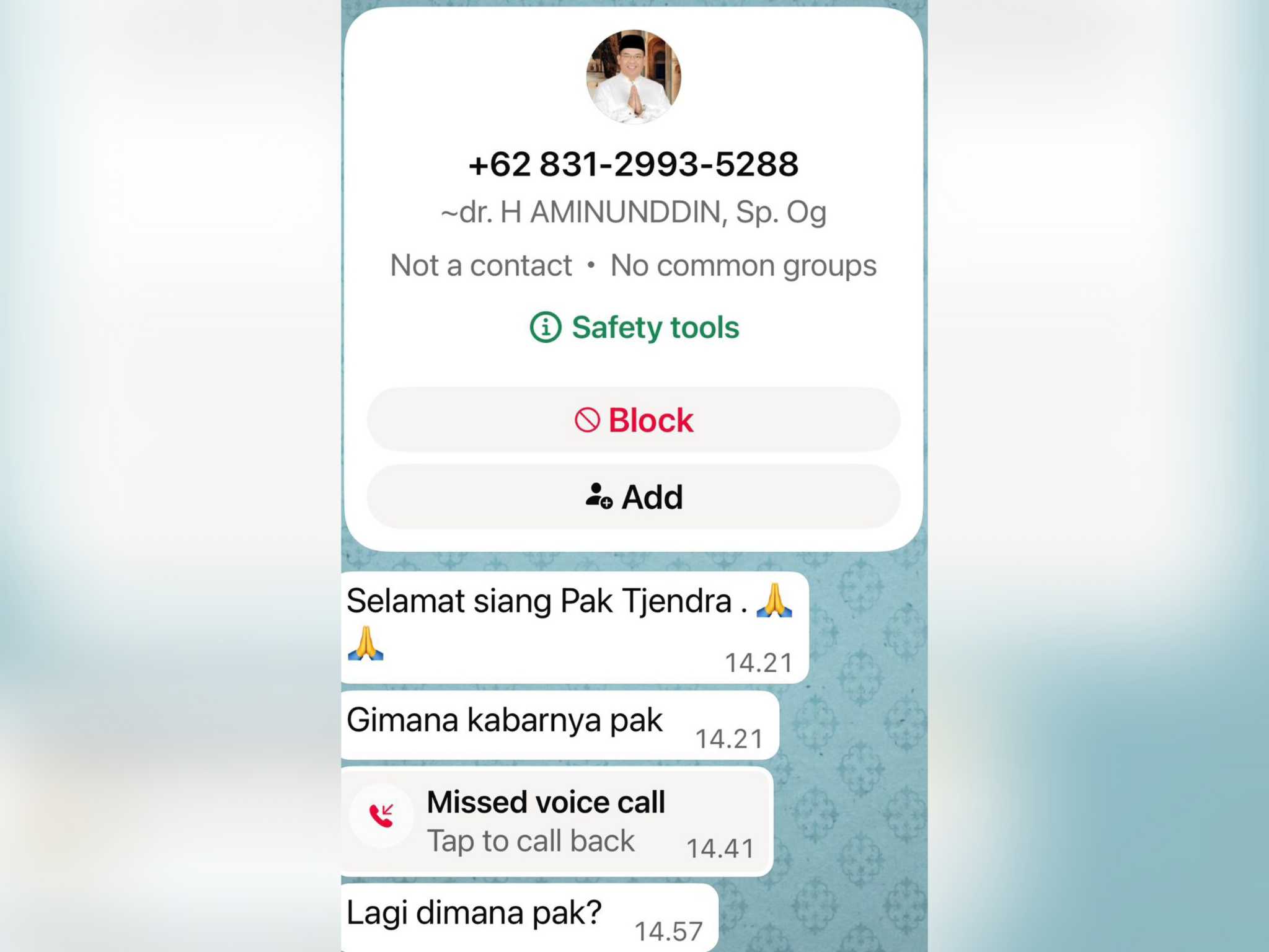 Tangkapan layar modus penipuan catut nama pejabat di Kota Probolinggo