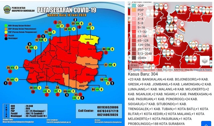 Peta sebaran Covid-19 yang dirilis Pemkab Bangkalan melalui covid19.bangkalankab.go.id (kiri) dan peta sebaran Covid-19 Pemprov Jatim di http://infocovid19.jatimprov.go.id. 