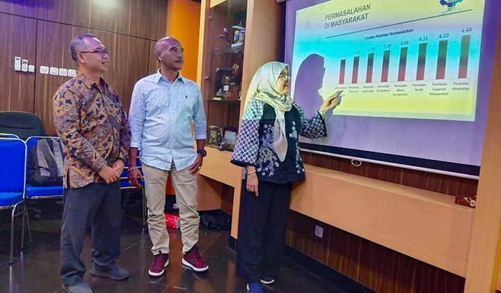 Tenaga Ahli Tim Survei Pilkada ITS Agnes Tuti Rumiati sedang menjelaskan hasil surveinya, didampingi Kepala Pusat Riset Pilkada JTV Machmud Suhermono. foto: YUDI A/ BANGSAONLINE