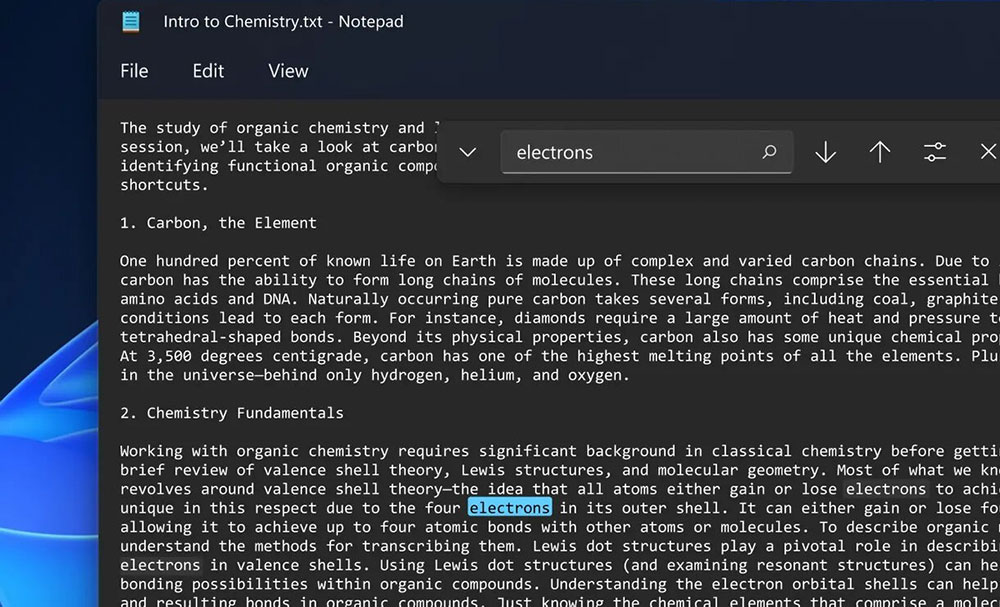 Tangkapan layar mode gelap pada notepad di Windows 11.