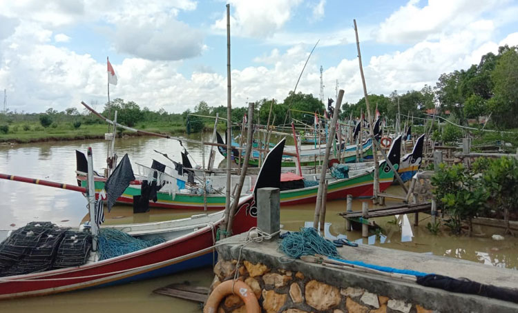 Perahu milik nelayan yang tak melaut sedang bertambat di dermaga.