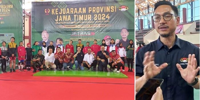
Ketua KONI dan Ketua PABSI Jatim foto bersama dengan para atlet. Ketua PABSI Jatim, Jeffry Tagore (kanan) memberikan keterangan pada media.