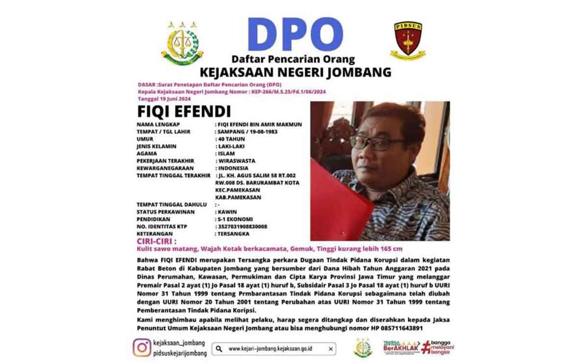 Fiqi Efendi, tersangka korupsi rabat beton di Jombang yang ditetapkan sebagai DPO.